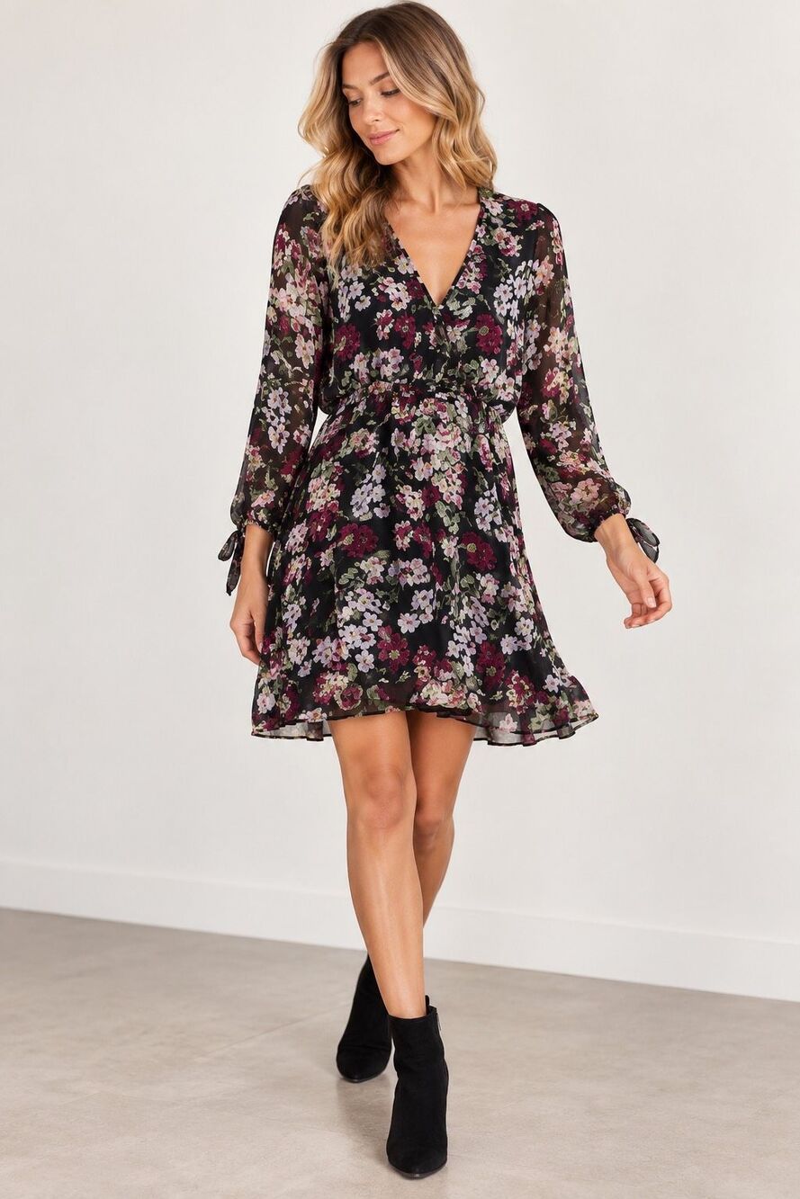 Equipment Natasha 100% Silk Floral V Neck Long Sleeve Mini Dress Black XS